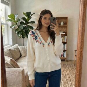 Vintage Womens Embroidered Cardigan Small Cream Floral Cottage Grandma‎ Retro